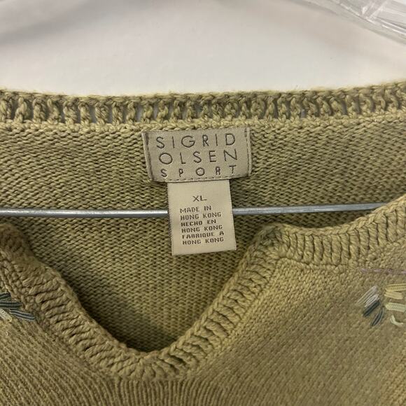 SIGRID OLSEN Knit Embroidered Floral Print Green Long Sleeve Shirt Women Size XL - Picture 2 of 7